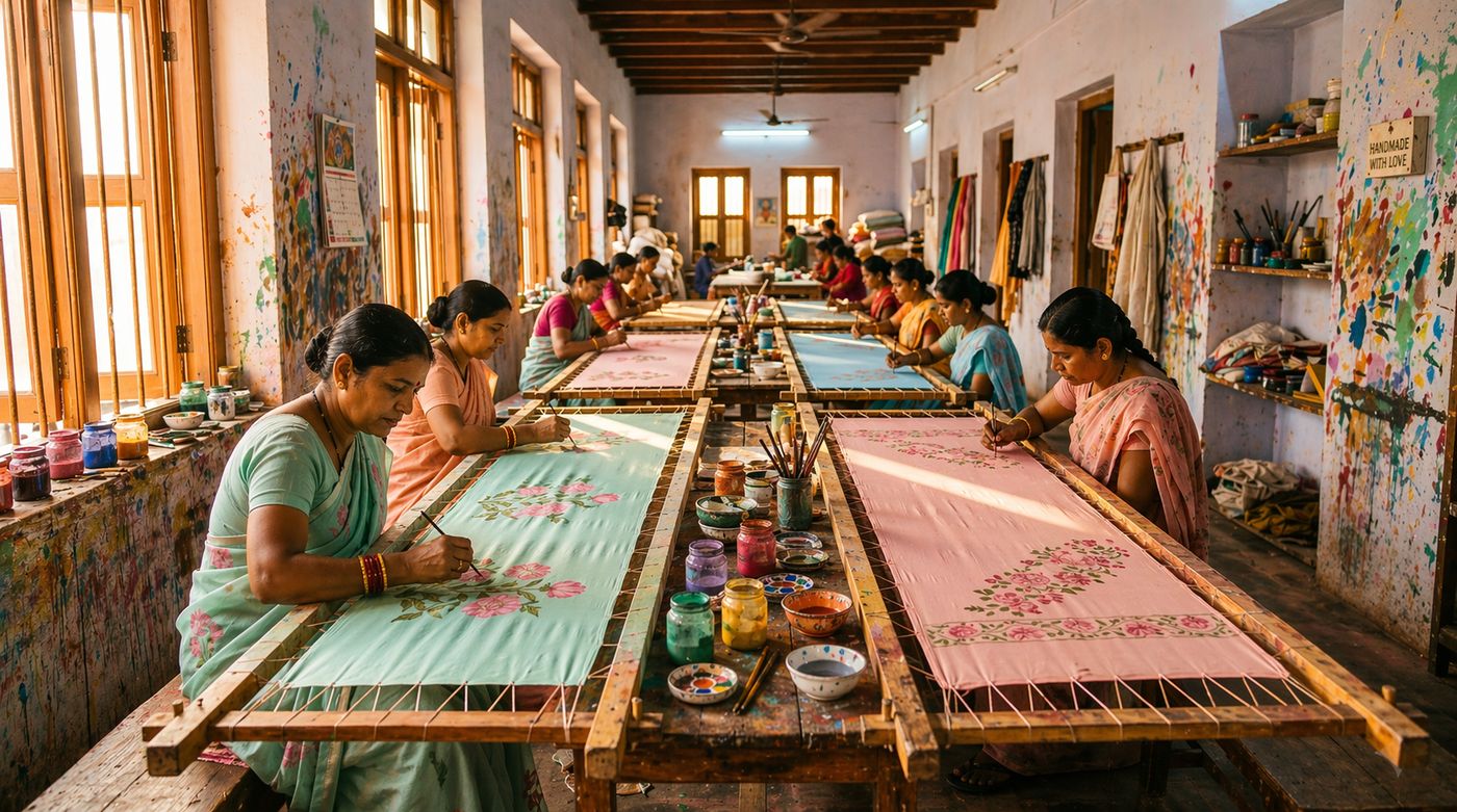Wide view of the Hand Painted Saree atelier with painters at work