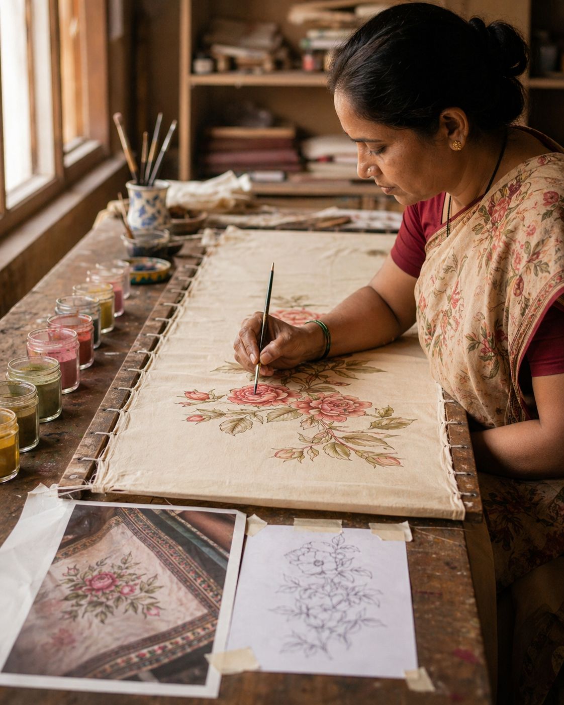 Artisan painting a custom design on silk