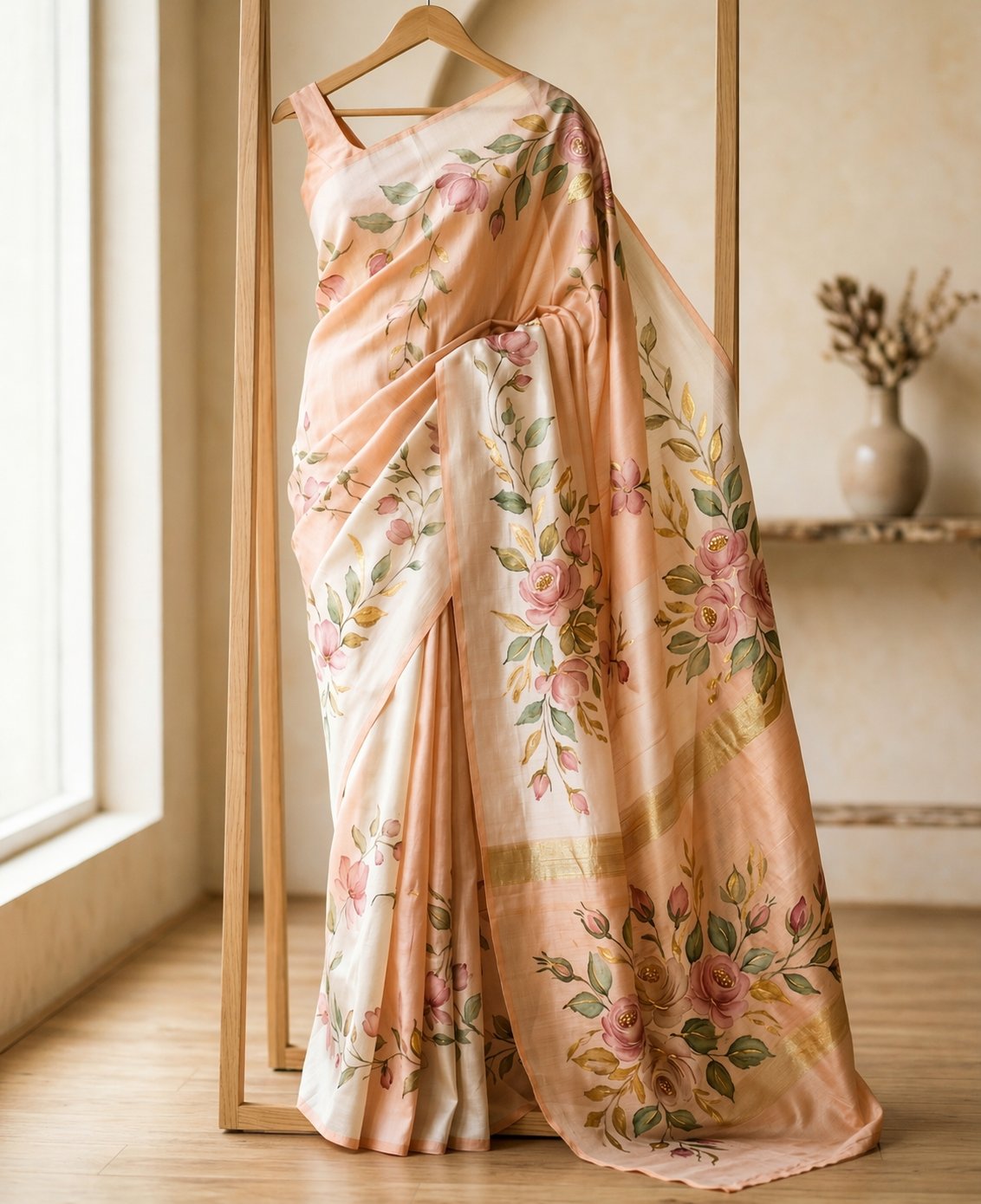Hand-painted silk saree with floral motifs